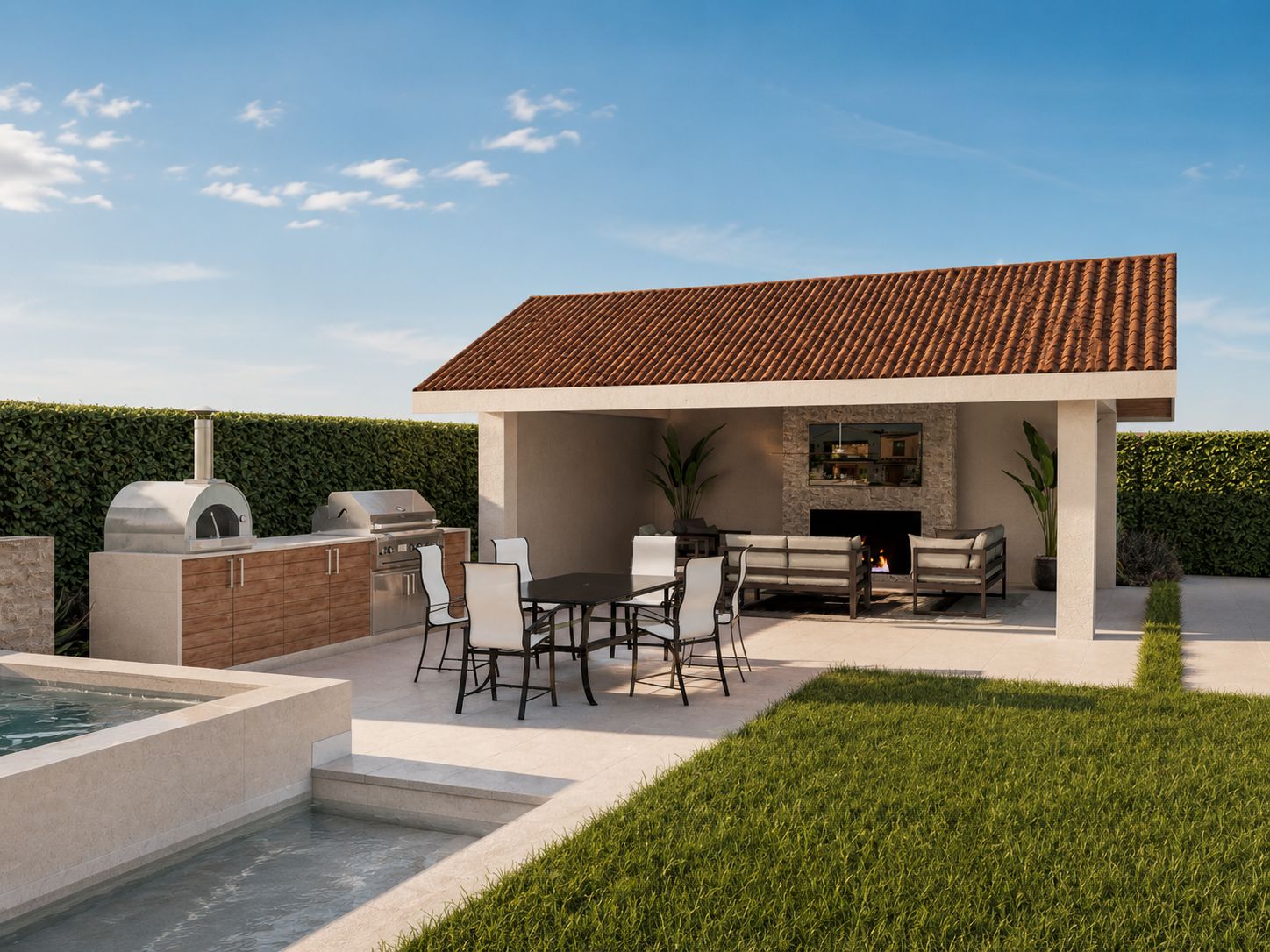 Design visualization of the covered patio and outdoor living area at the Downey Modern Retreat.