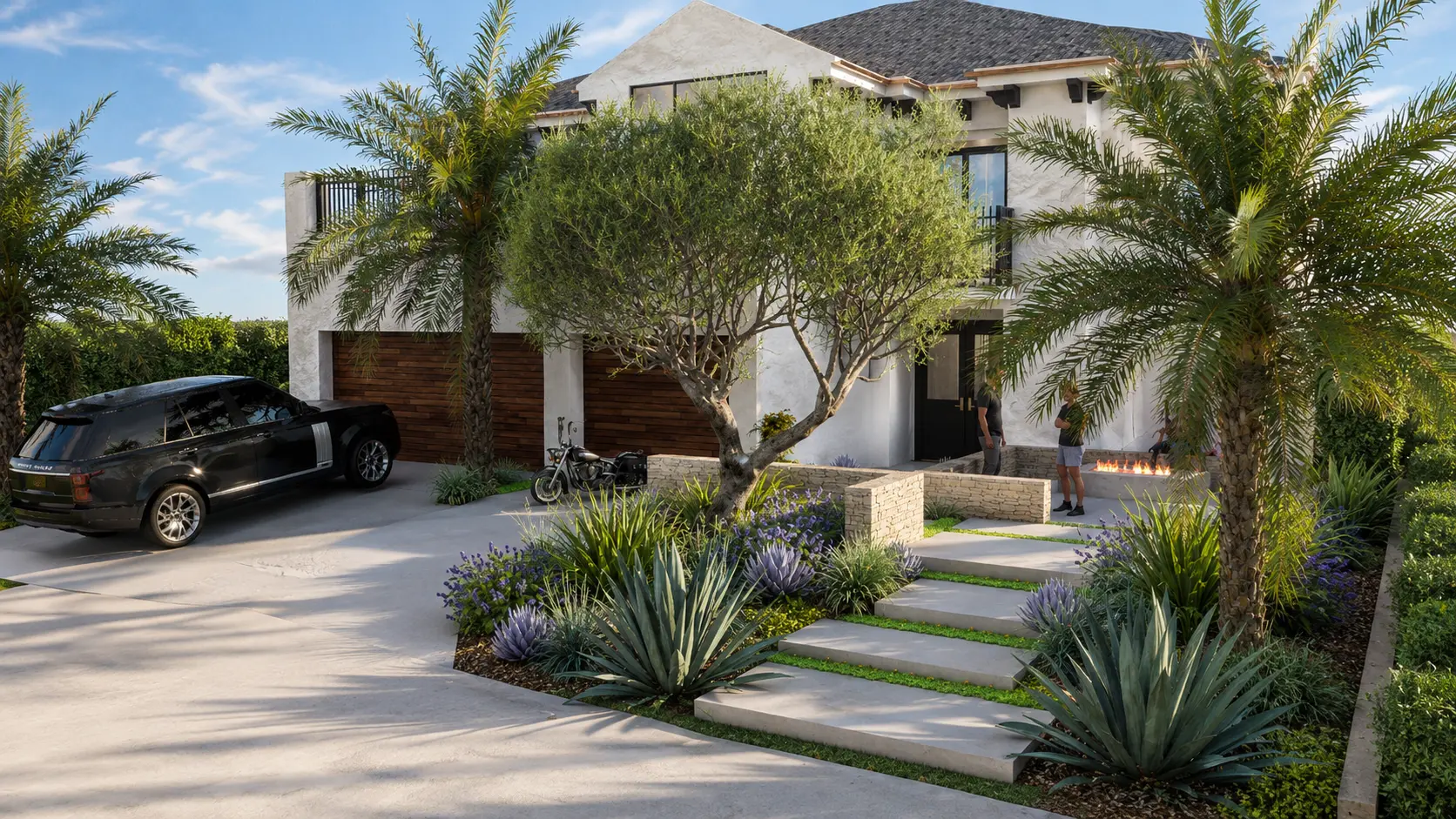 Design visualization of the Modern Mediterranean front entry courtyard at the Dove Canyon Family Retreat in Trabuco Canyon.