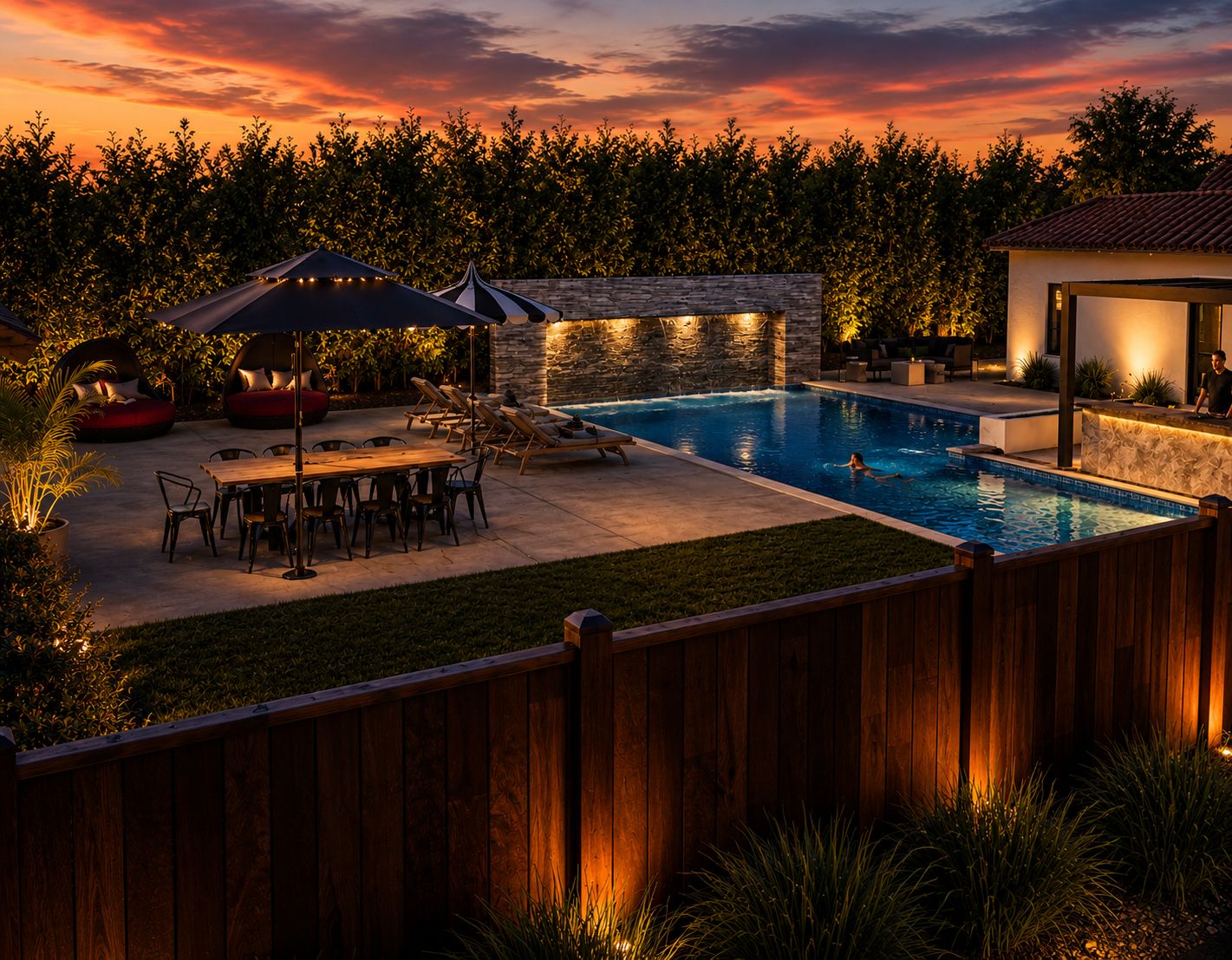 Twilight design visualization of the pool, water wall, and entertainment area at the Placentia Development.