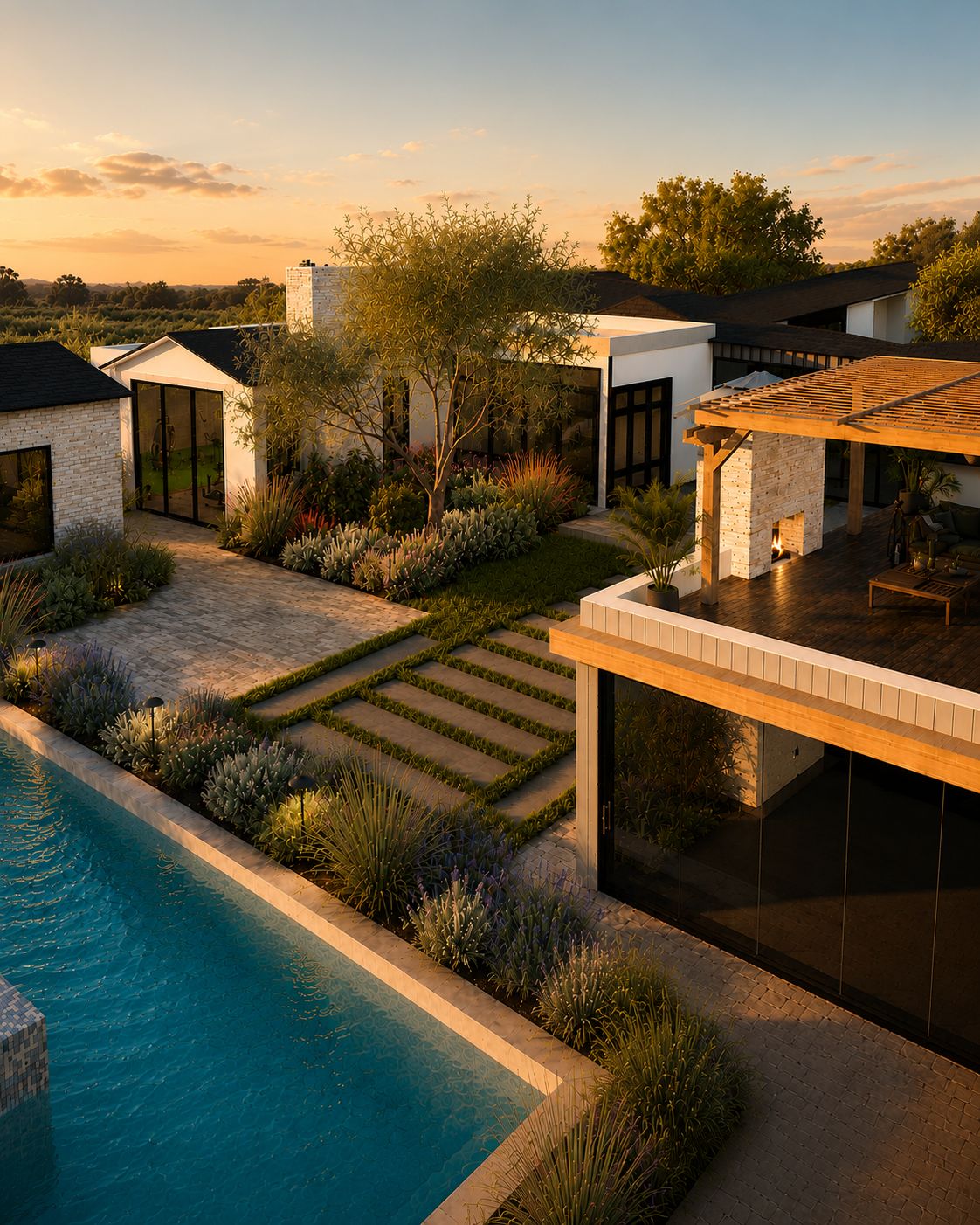 Aerial design visualization of the Newport Beach View Estate landscape with entry courtyard, pool, and terraced planting